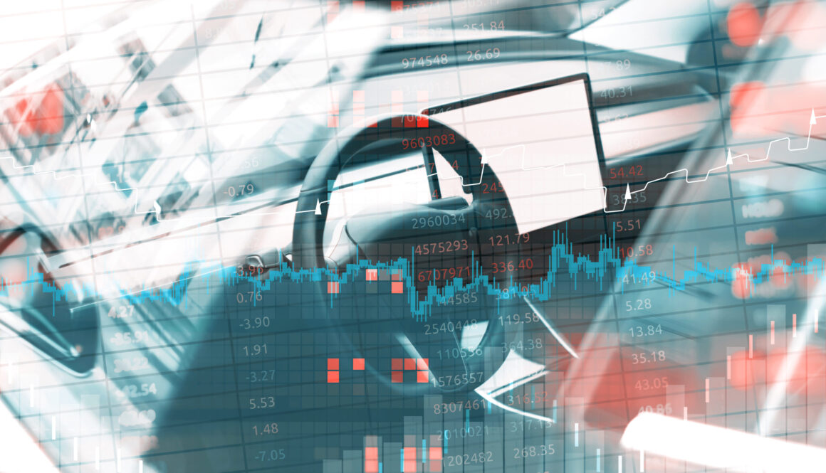 Electrical Car with financial graphs the rise and fall of car prices. Dynamics of car prices and corresponds to the car market.